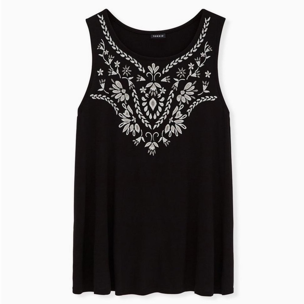 Torrid Black Embroidered Slub Jersey Crew Tank Size Large (Torrid 0)